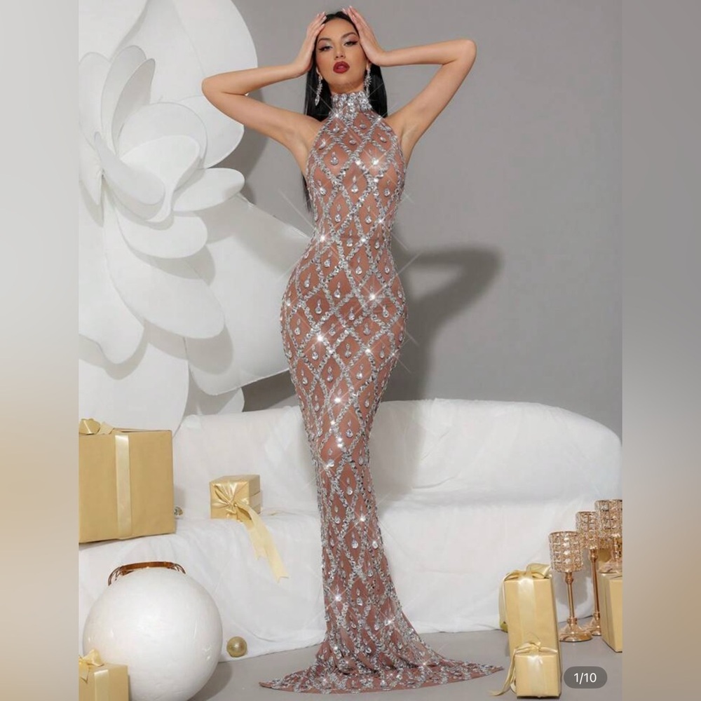 SHEIN Tan Sequin Embellished Halter Gown